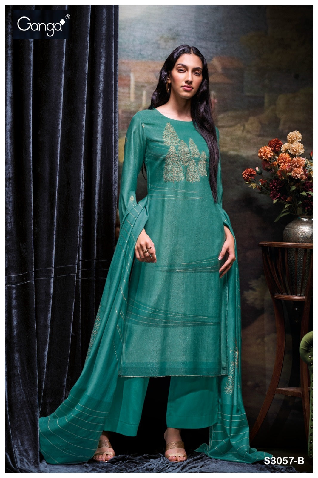 Tevy 3057 Ganga Bemberg Silk Plazzo Style Suits Supplier