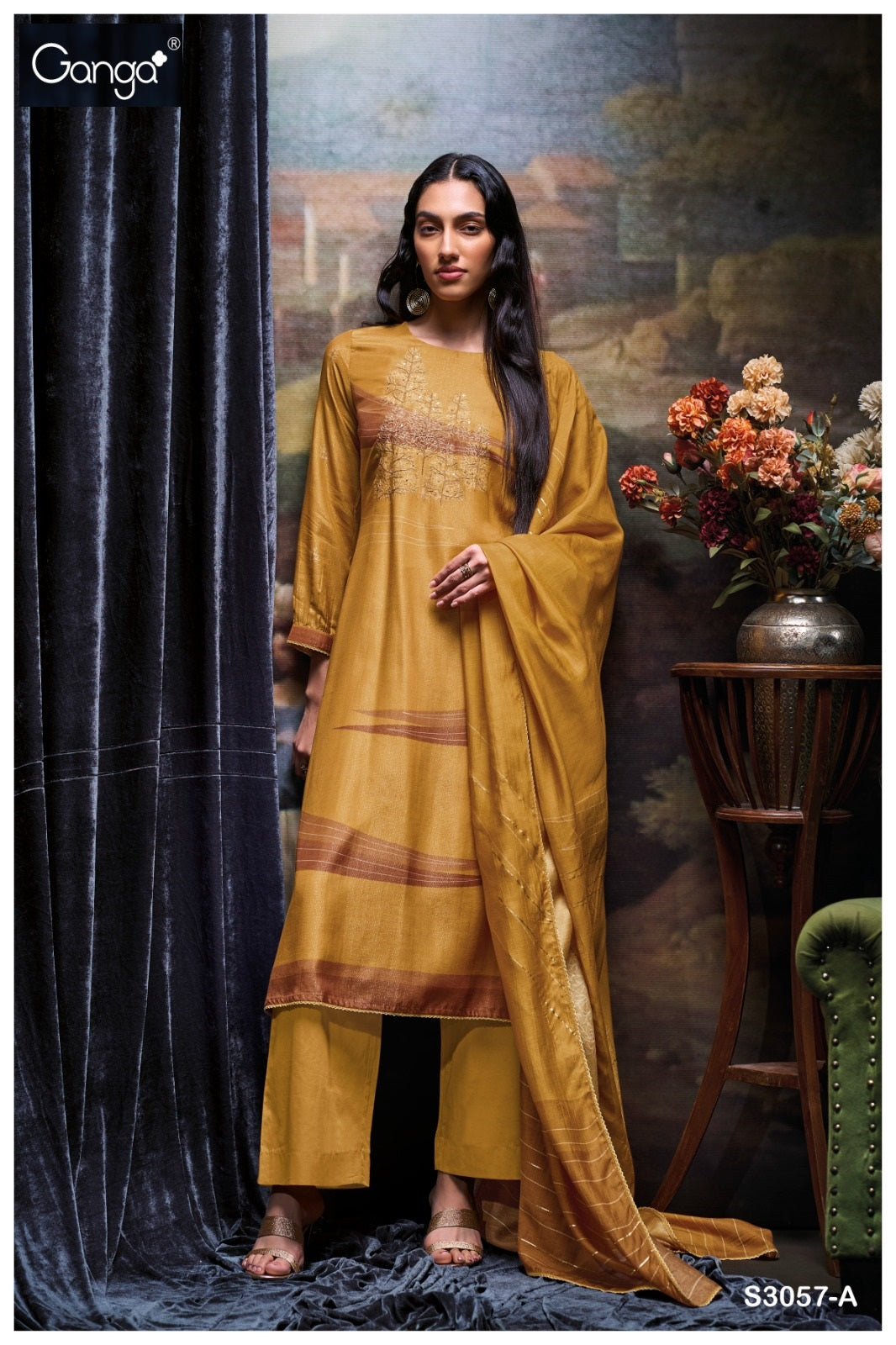 Tevy 3057 Ganga Bemberg Silk Plazzo Style Suits Supplier
