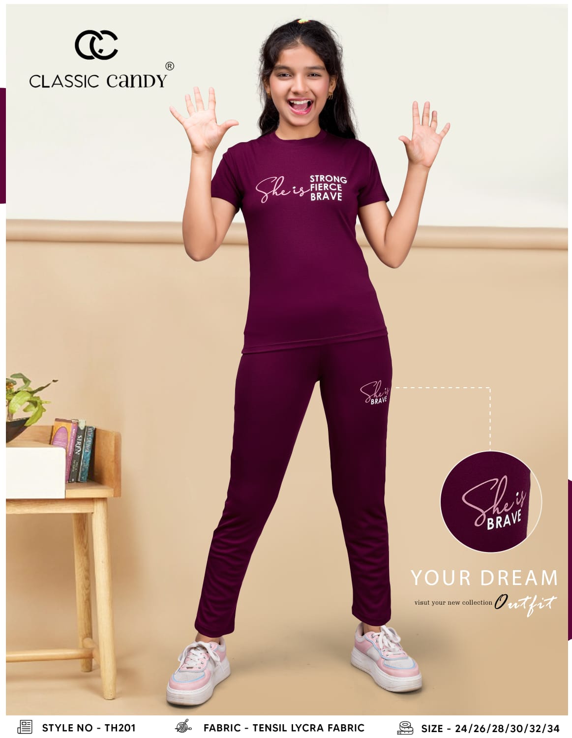 Th201 क्लासिक कैंडी टेंसिल लाइक्रा गर्ल्स पैंट सेट सप्लायर भारत