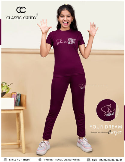 Th201 क्लासिक कैंडी टेंसिल लाइक्रा गर्ल्स पैंट सेट सप्लायर भारत