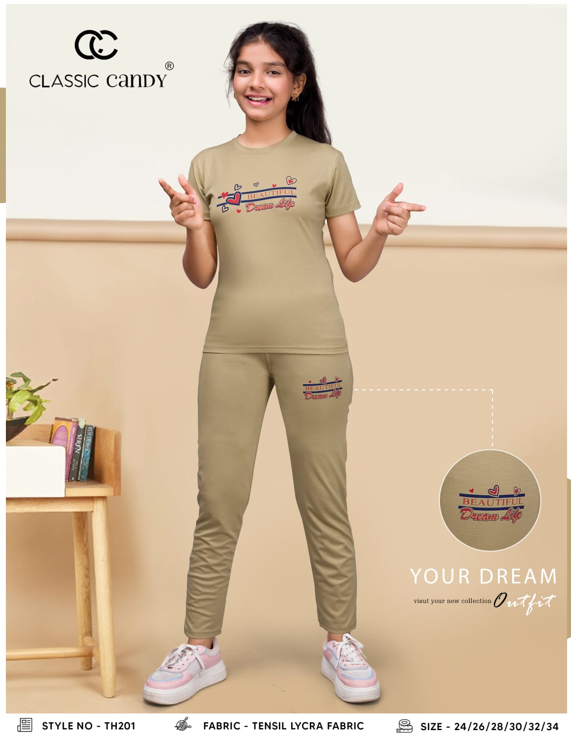 Th201 क्लासिक कैंडी टेंसिल लाइक्रा गर्ल्स पैंट सेट सप्लायर भारत