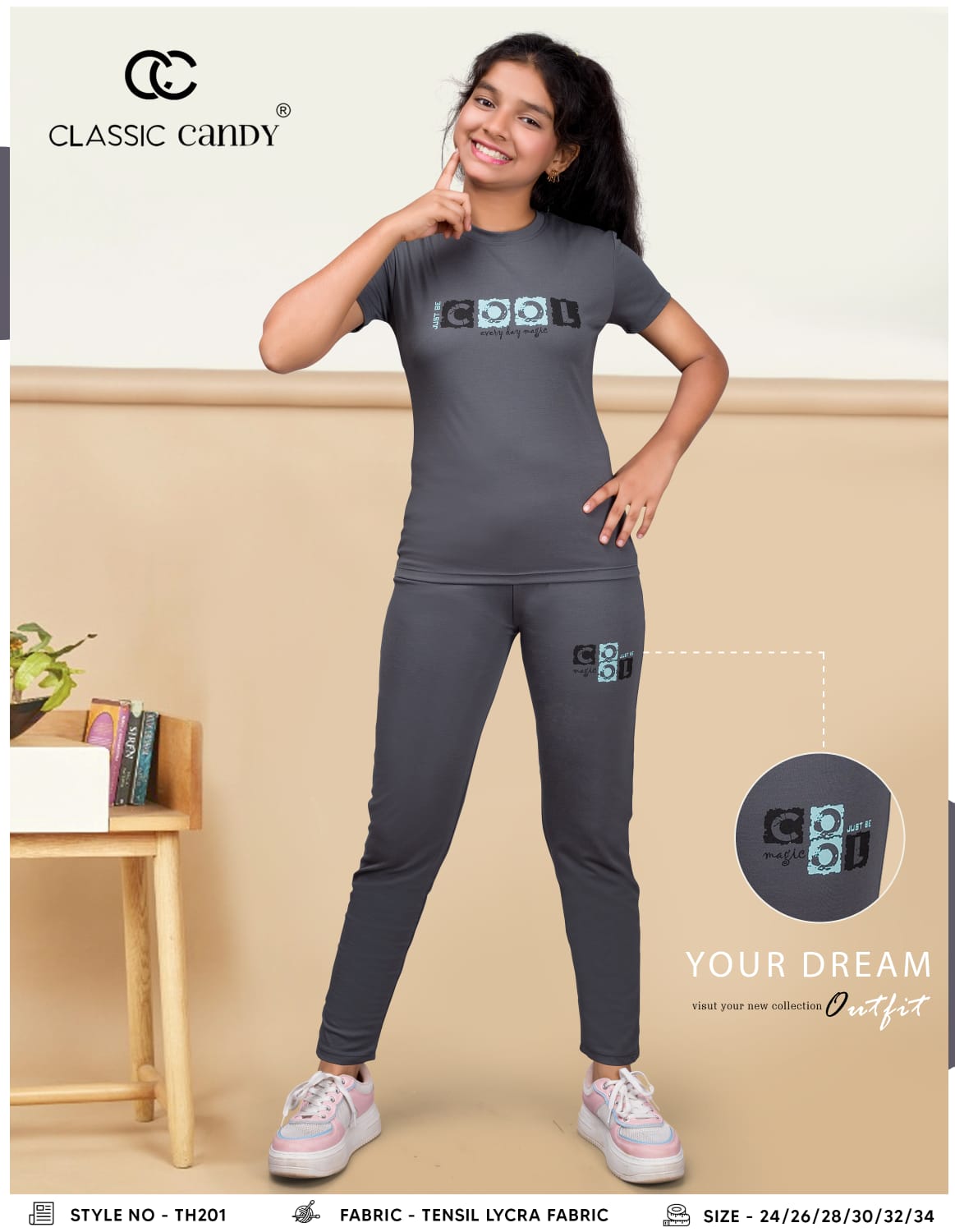 Th201 क्लासिक कैंडी टेंसिल लाइक्रा गर्ल्स पैंट सेट सप्लायर भारत
