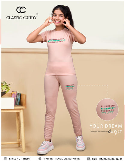 Th201 क्लासिक कैंडी टेंसिल लाइक्रा गर्ल्स पैंट सेट सप्लायर भारत