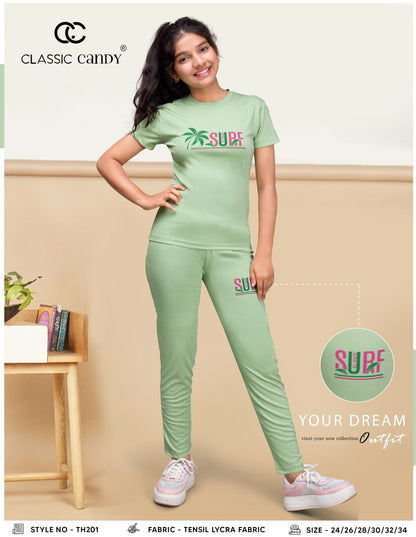 Th201 क्लासिक कैंडी टेंसिल लाइक्रा गर्ल्स पैंट सेट सप्लायर भारत