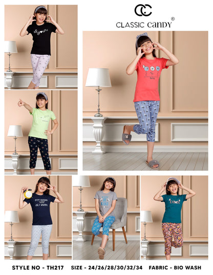 Th217 Classic Candy Biowash Girls Capri Night Suits Wholesale Rate