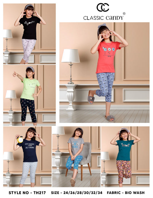 Th217 Classic Candy Biowash Girls Capri Night Suits Wholesale Rate