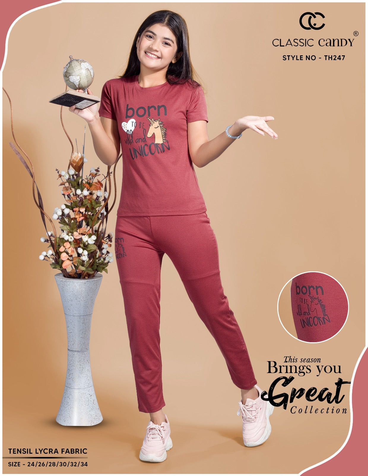 Th247 Classic Candy Tencil Lycra Girls Pant Set Wholesale Price