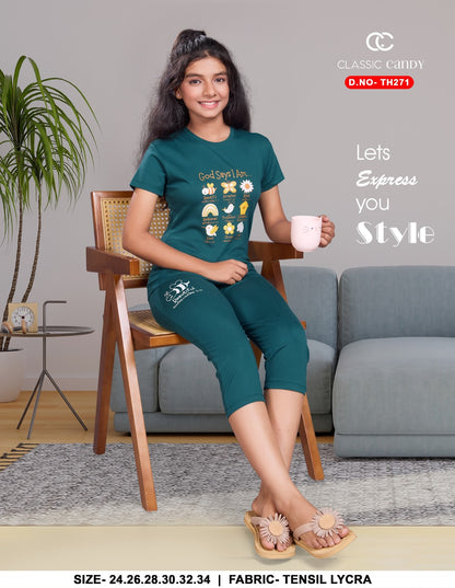 Th271 Classic Candy Tencil Lycra Girls Capri Night Suits Manufacturer Gujarat