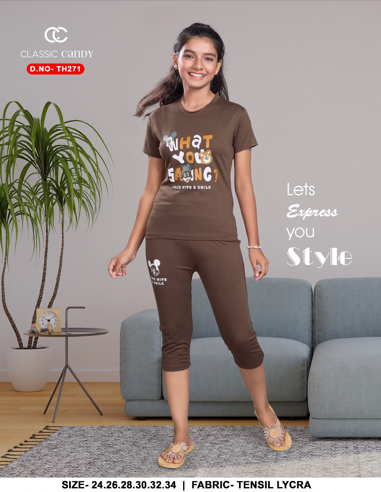 Th271 Classic Candy Tencil Lycra Girls Capri Night Suits Manufacturer Gujarat