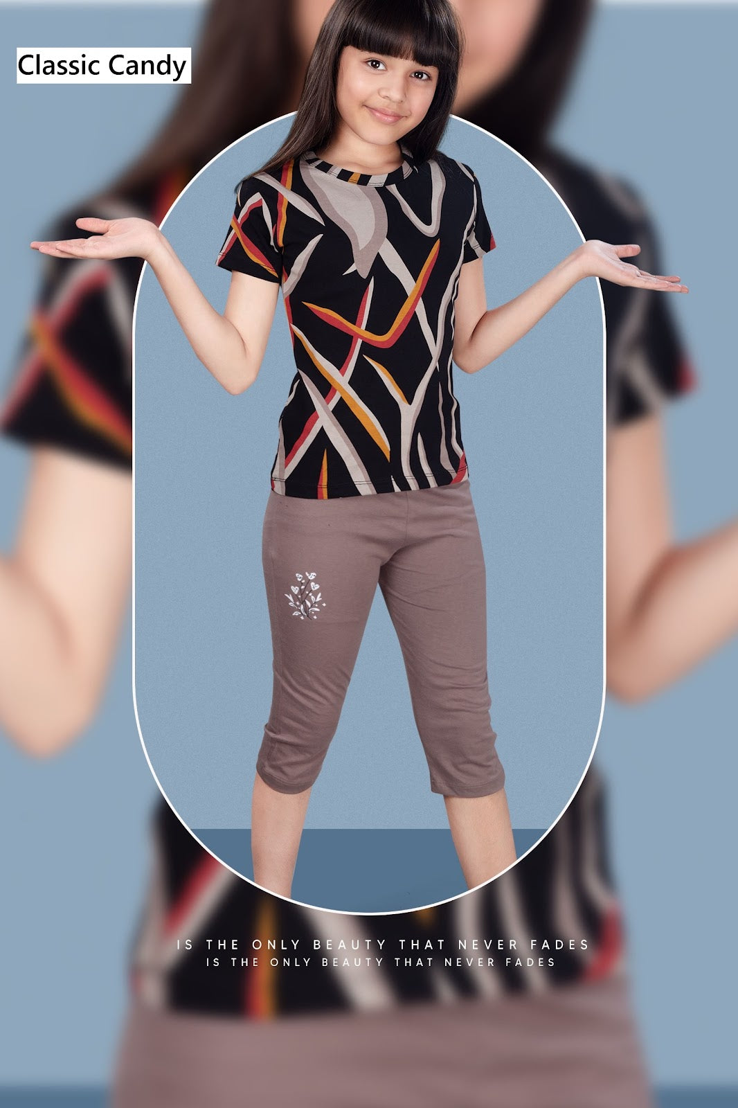 Th277 Classic Candy Biowash Girls Capri Night Suits Wholesale Price