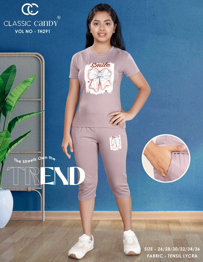 Th291 Classic Candy Tencil Lycra Girls Capri Night Suits Exporter Gujarat