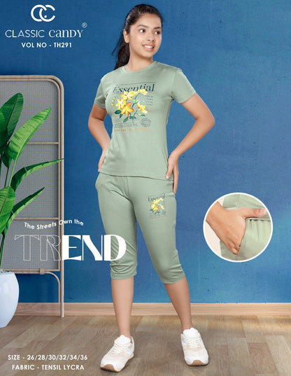 Th291 Classic Candy Tencil Lycra Girls Capri Night Suits Exporter Gujarat