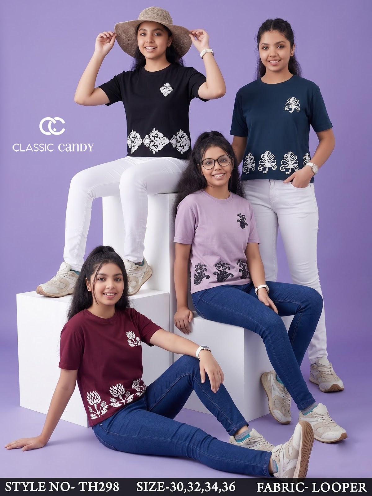 Th298 Down Shoulder Classic Candy Cotton Looper Girls Top Wholesaler