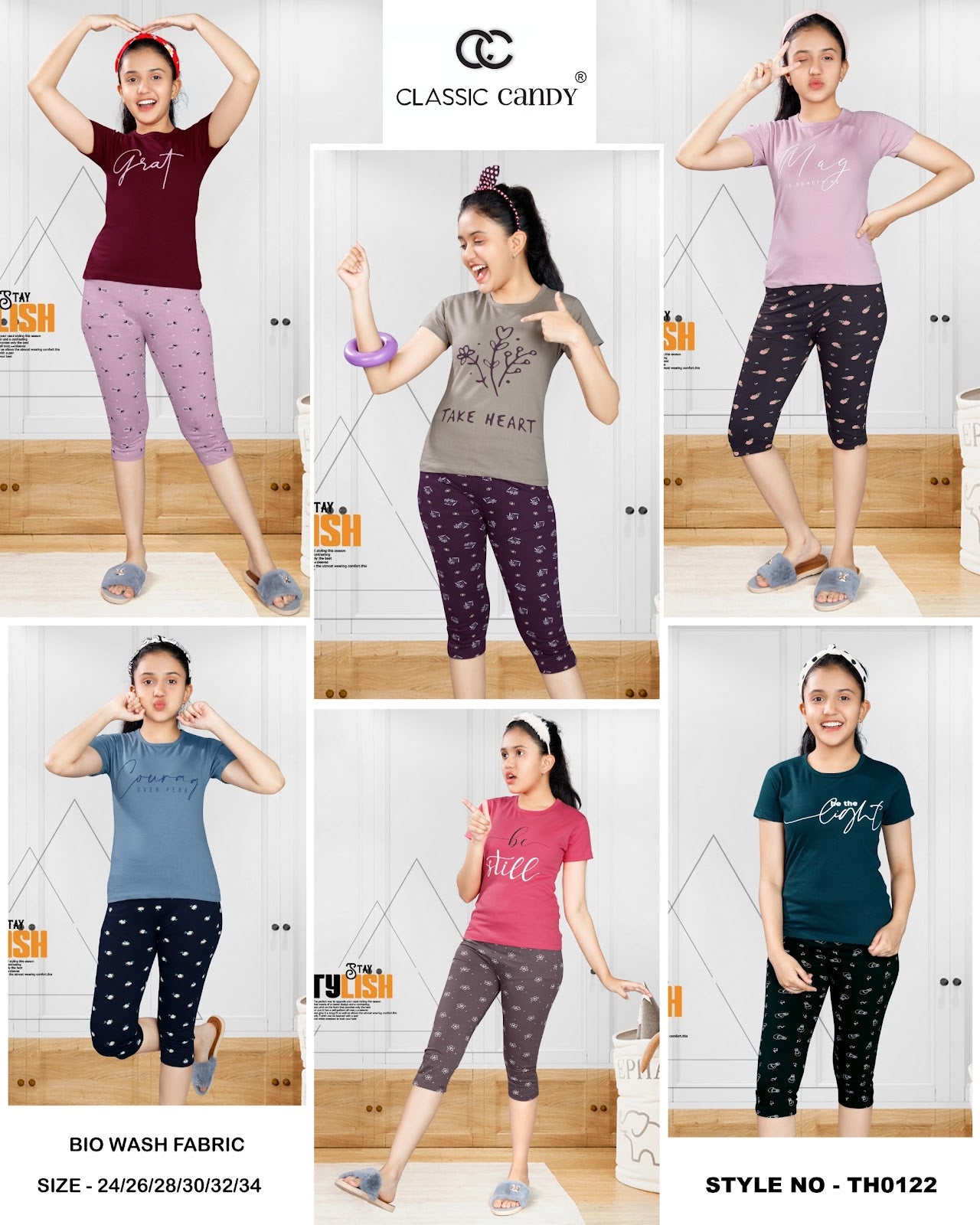 Th 122 Classic Candy Cotton Biowashed Girls Capri Night Suits Supplier Gujarat