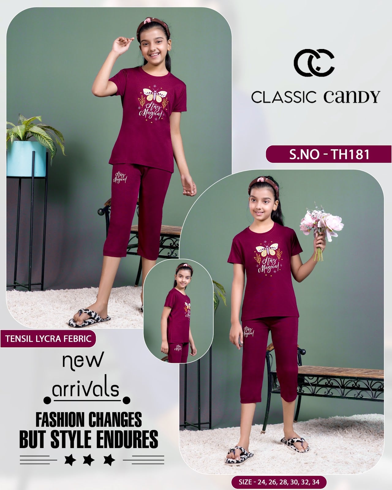 Th 181 Classic Candy Tencil Lycra Girls Capri Night Suits Wholesale Price