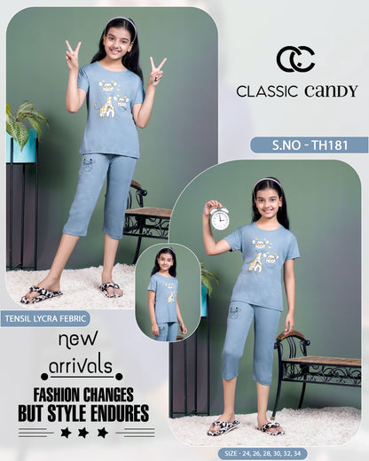 Th 181 Classic Candy Tencil Lycra Girls Capri Night Suits Wholesale Price