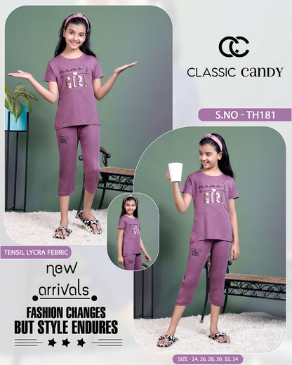 Th 181 Classic Candy Tencil Lycra Girls Capri Night Suits Wholesale Price