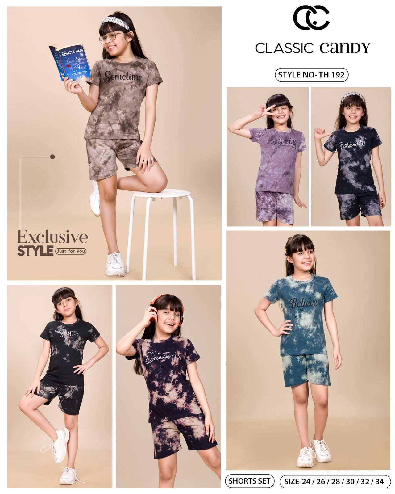 Th 192 Classic Candy Tie Dye Girls Shorts Set Wholesale Rate