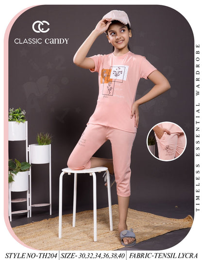 Th 204 Classic Candy Tencil Lycra Girls Capri Night Suits Wholesaler