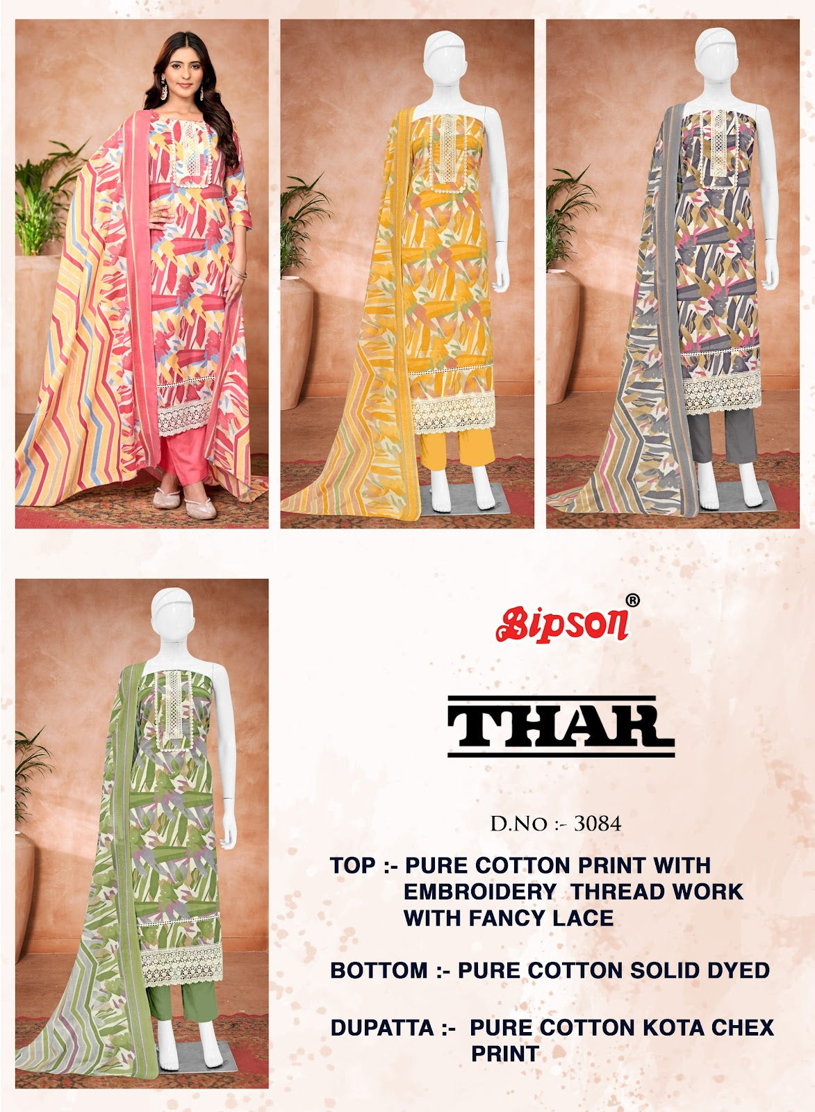 Thar 3084Abcd Bipson Prints Pure Cotton Pant Style Suits Manufacturer India