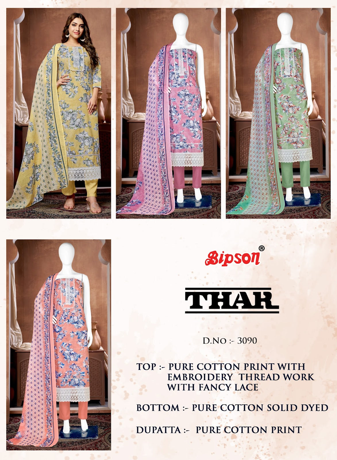 Thar 3090Abcd Bipson Prints Pure Cotton Pant Style Suits Exporter India