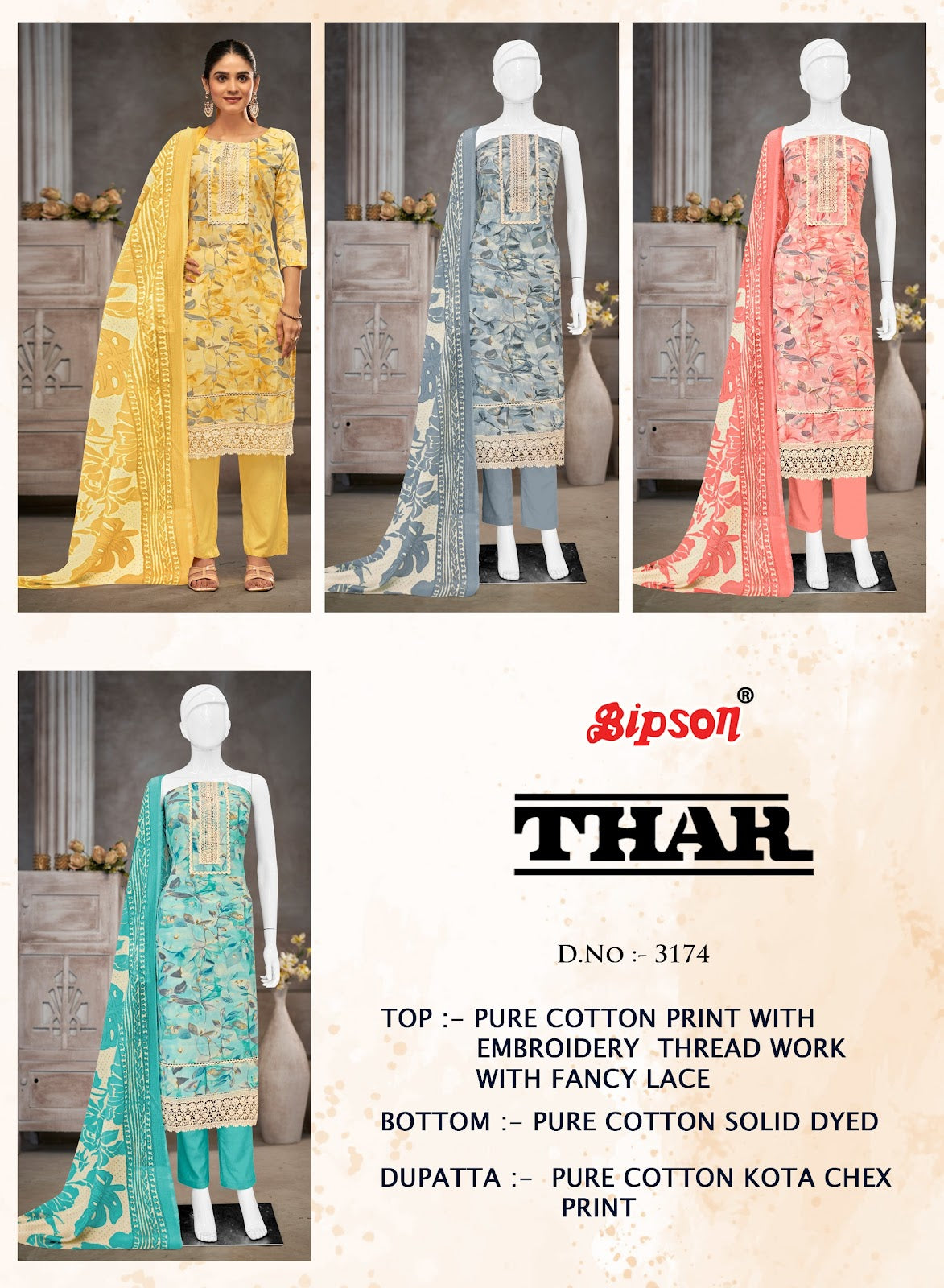 Thar 3174 Bipson Prints Pure Cotton Pant Style Suits Exporter India