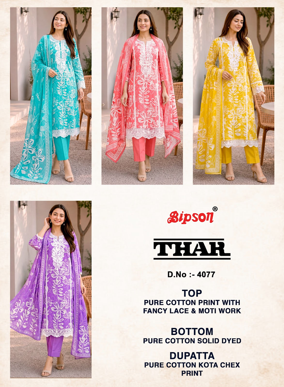 Thar 4004-4031-4076-4077 Bipson Prints Cotton Pant Style Suits Wholesale