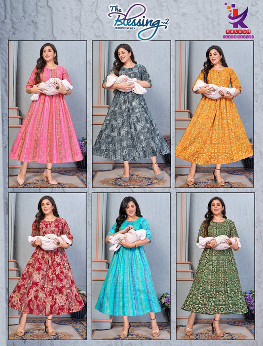 The Blessing 2 Mlm Kalash Lifestyle Rayon 14Kg Feeding Kurtis Wholesaler