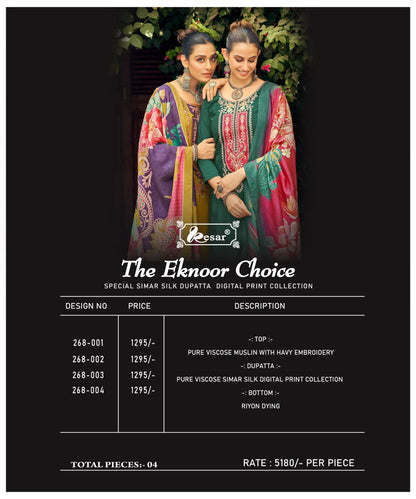 The Eknoor Choice Kesar Viscose Muslin Karachi Salwar Suits Exporter