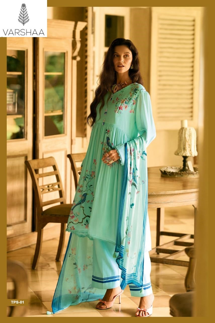 The Print Love In Jaipur Varshaa Crape Silk Pant Style Suits Supplier Gujarat