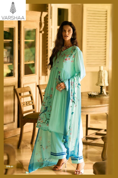 The Print Love In Jaipur Varshaa Crape Silk Pant Style Suits Supplier Gujarat