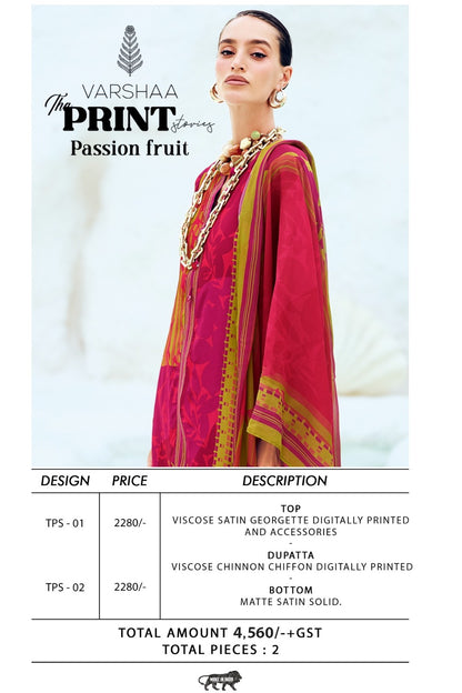 The Print Passion Fruit Varshaa Viscose Satin Pant Style Suits Wholesaler