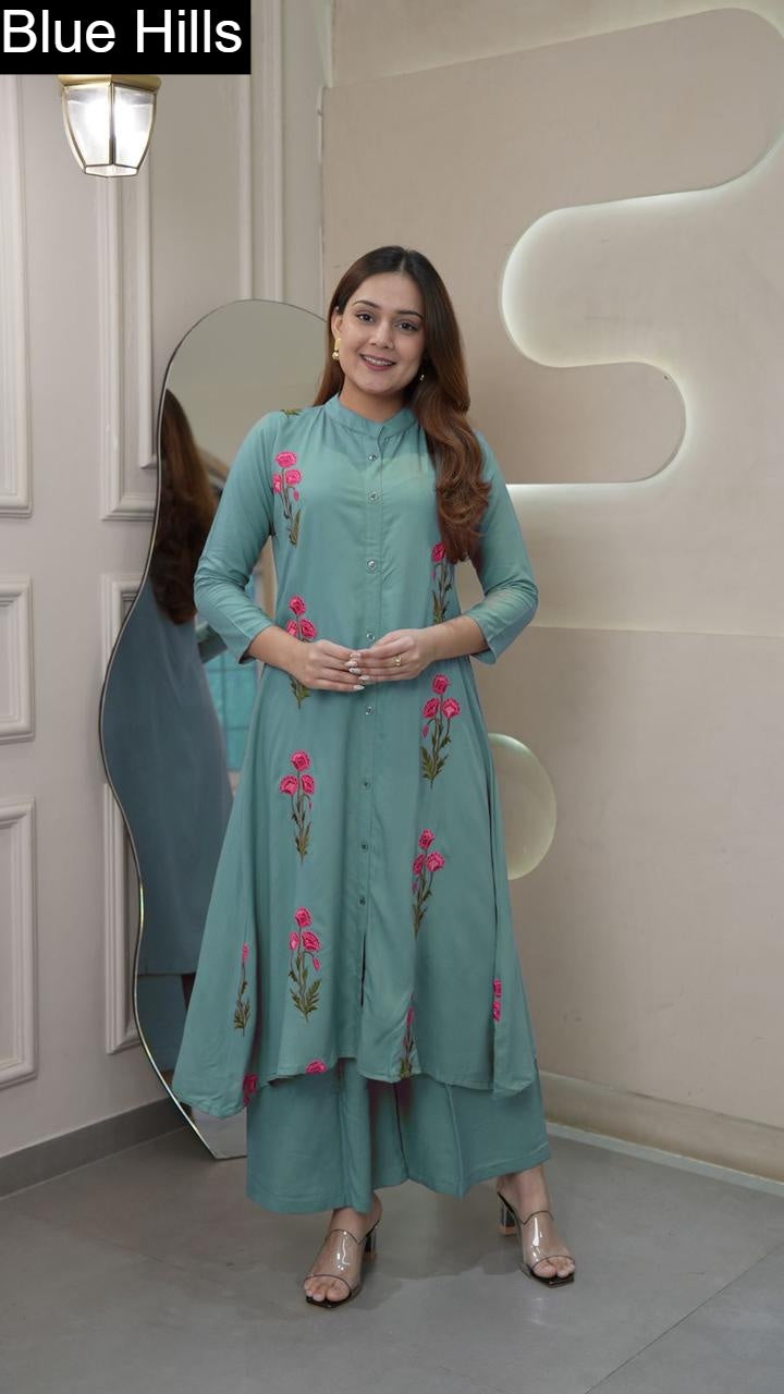 The Stylo Blue Hills Rayon 14Kg Kurti Pant Set Wholesale Price