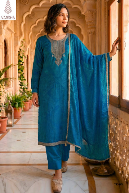 The Tie And Knot Collection Varshaa Viscose Muslin Pant Style Suits Exporter