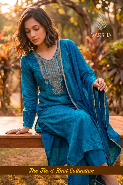 The Tie And Knot Collection Varshaa Viscose Muslin Pant Style Suits Exporter