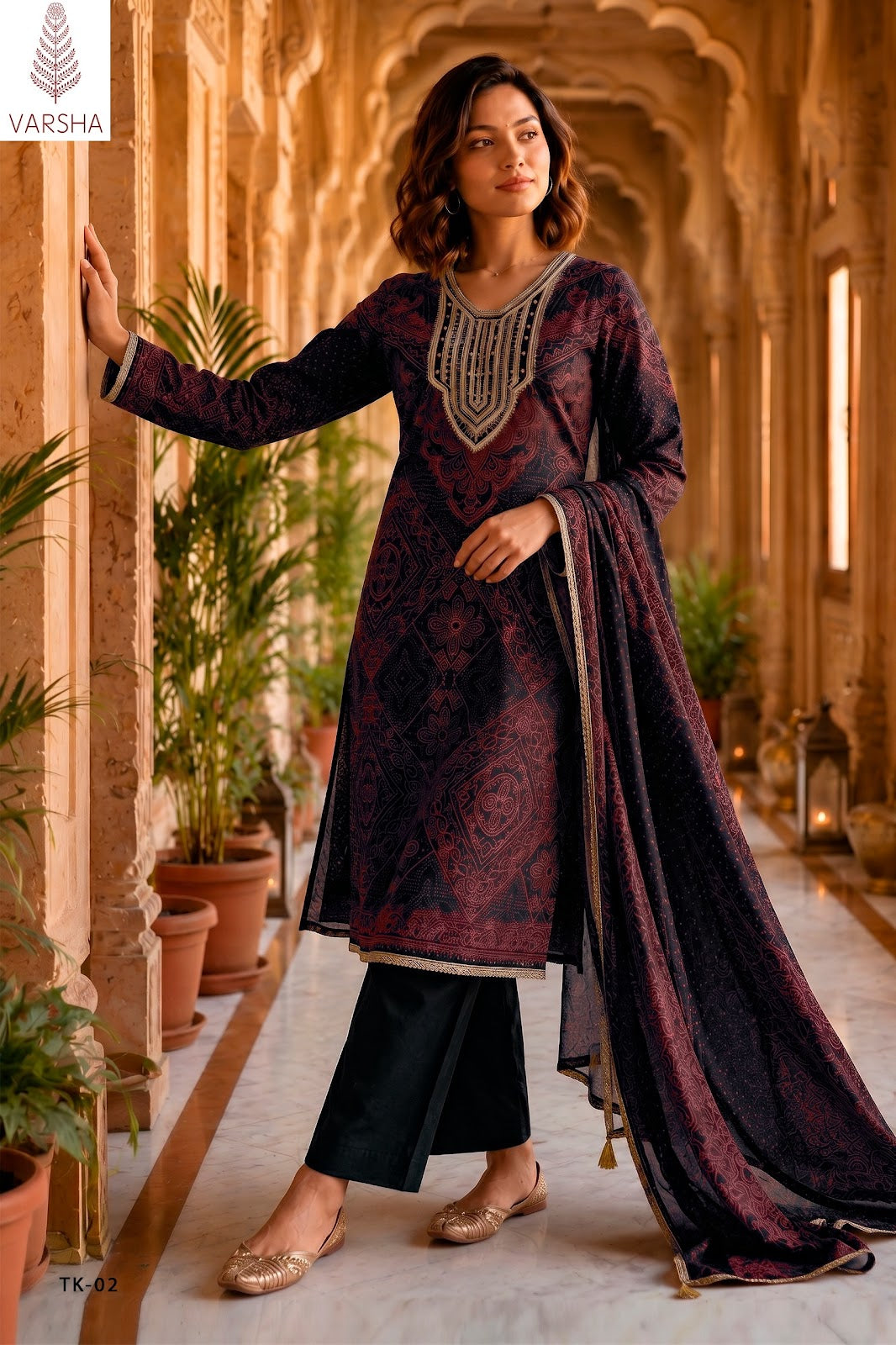 The Tie And Knot Collection Varshaa Viscose Muslin Pant Style Suits Exporter
