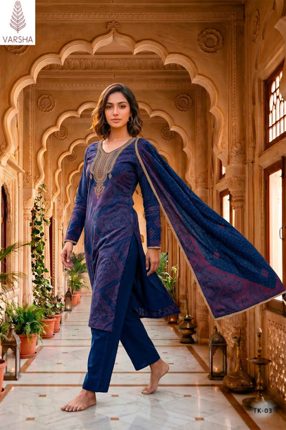 The Tie And Knot Collection Varshaa Viscose Muslin Pant Style Suits Exporter