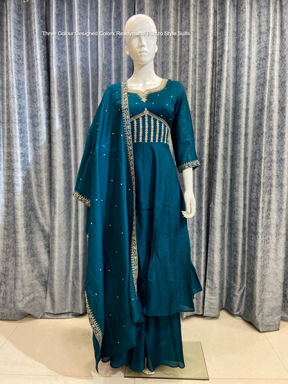 Three Colour Designed Colorx Vichitra Readymade Plazzo Style Suits Wholesale Rate