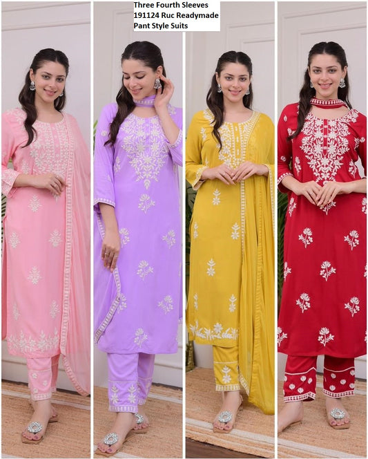 Three Fourth Sleeves 191124 Ruc Rayon Readymade Pant Style Suits Wholesaler