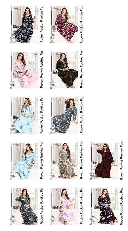 Three Fourth Sleeves Rayon Pocket Ruchee Fashion Night Gowns Wholesale