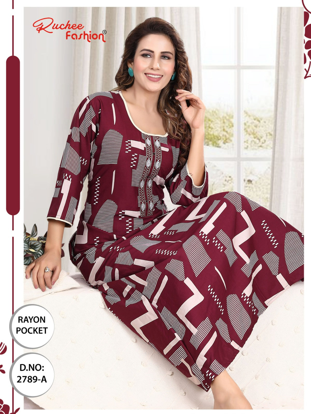 तीन चौथाई आस्तीन रेयान पॉकेट रुची फैशन नाइट गाउन थोक