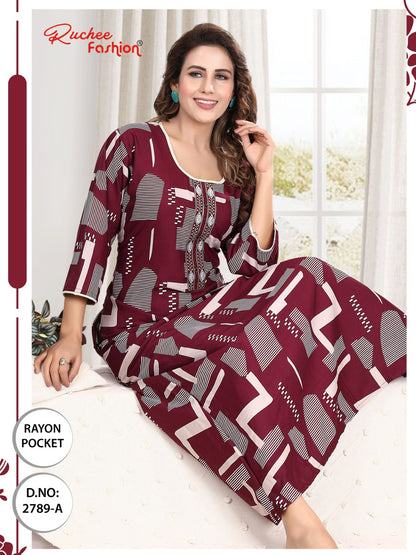 तीन चौथाई आस्तीन रेयान पॉकेट रुची फैशन नाइट गाउन थोक