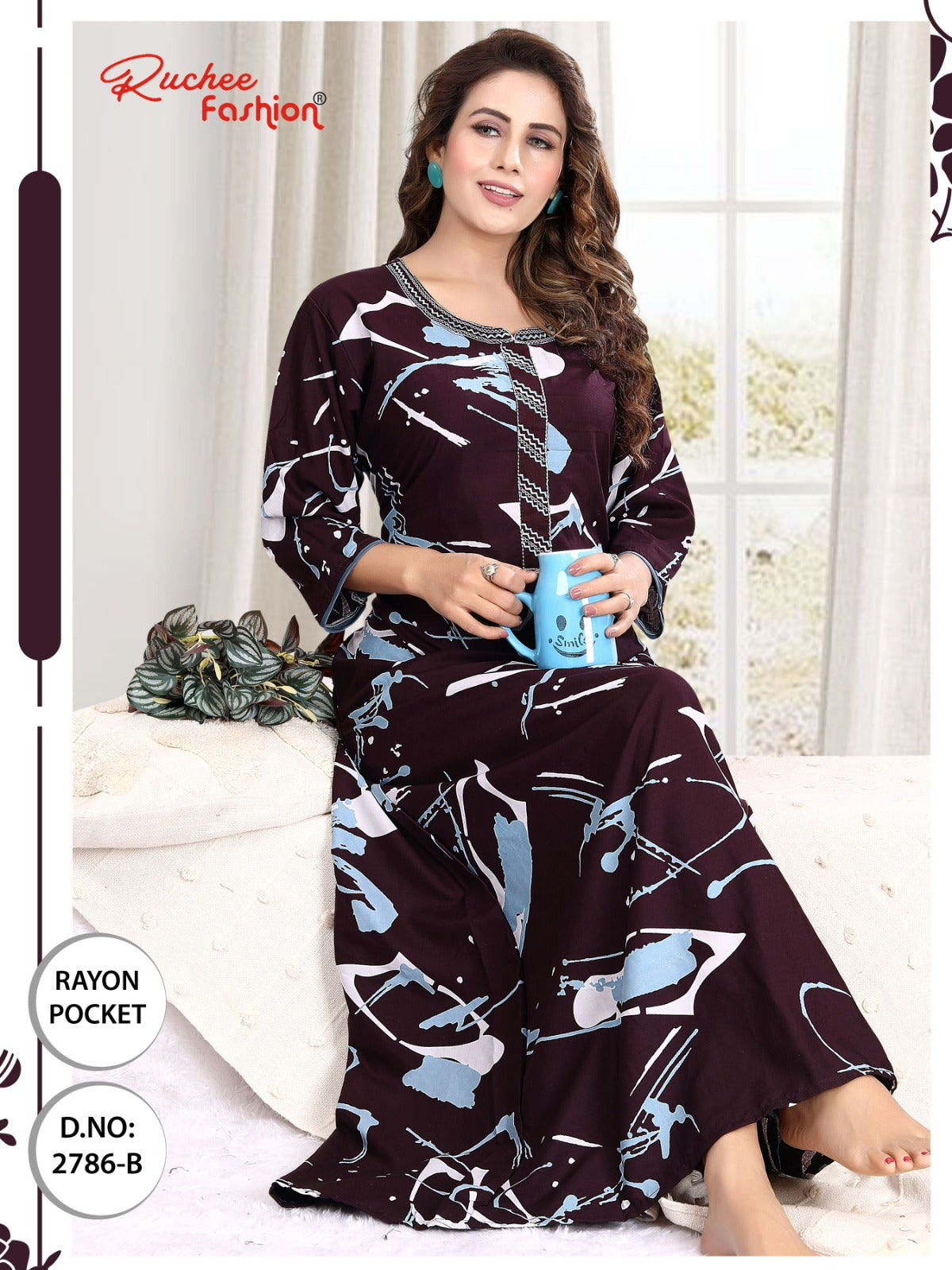 तीन चौथाई आस्तीन रेयान पॉकेट रुची फैशन नाइट गाउन थोक