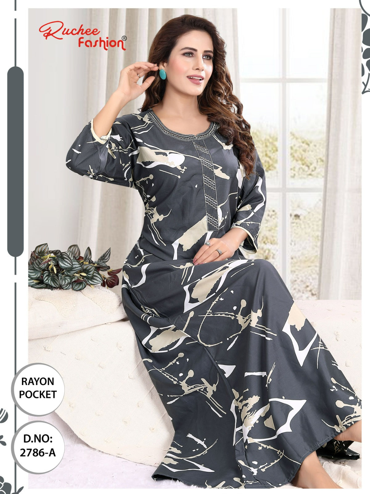 तीन चौथाई आस्तीन रेयान पॉकेट रुची फैशन नाइट गाउन थोक