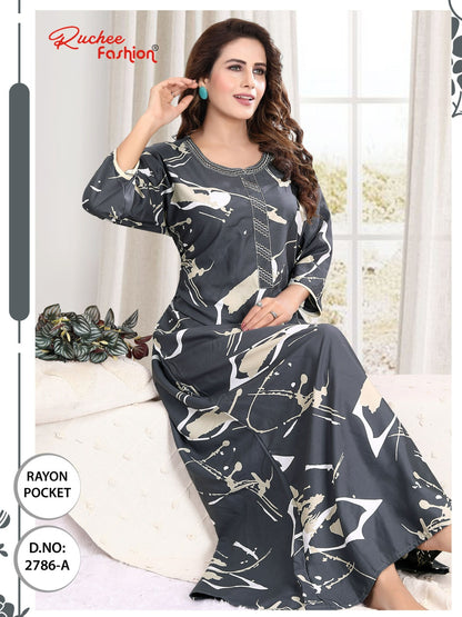 तीन चौथाई आस्तीन रेयान पॉकेट रुची फैशन नाइट गाउन थोक