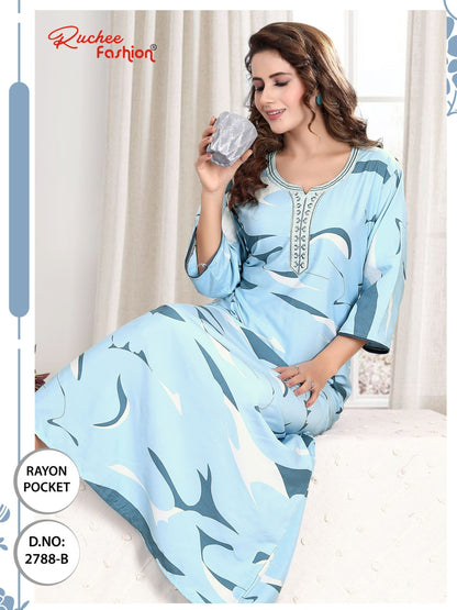 तीन चौथाई आस्तीन रेयान पॉकेट रुची फैशन नाइट गाउन थोक