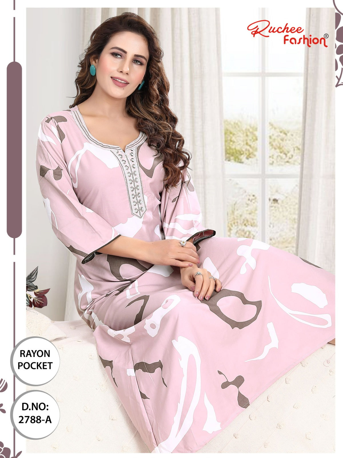 तीन चौथाई आस्तीन रेयान पॉकेट रुची फैशन नाइट गाउन थोक