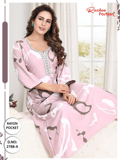 तीन चौथाई आस्तीन रेयान पॉकेट रुची फैशन नाइट गाउन थोक