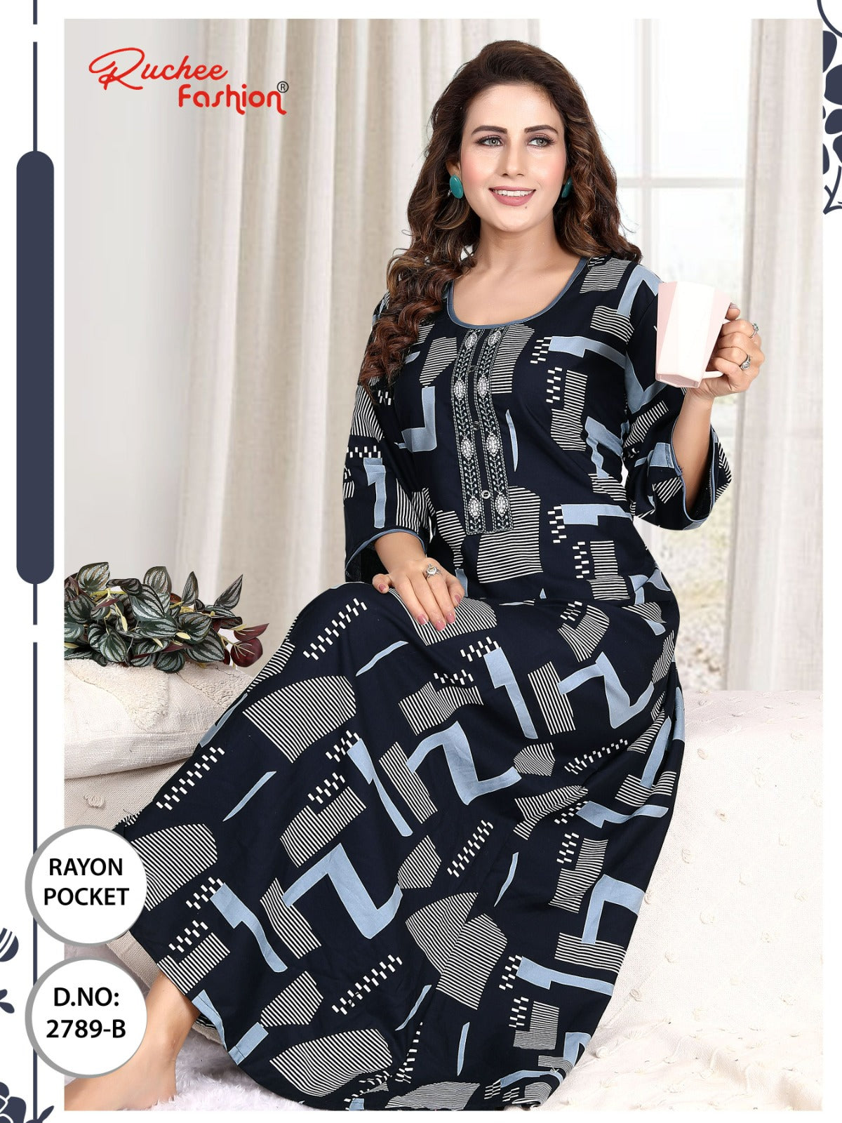 तीन चौथाई आस्तीन रेयान पॉकेट रुची फैशन नाइट गाउन थोक