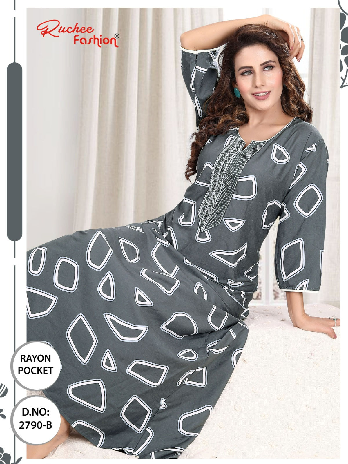 तीन चौथाई आस्तीन रेयान पॉकेट रुची फैशन नाइट गाउन थोक